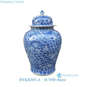 RYKB205-A Big Size Blue and White Fish Sea Water Motif Lion-head Porcelain Temple Jar for Home Decor Hotel Villa