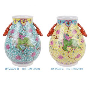 RYZG20-B-C Antique Famille Rose Green-Ground Vase with Intertwined Branches and Kylin Motifs Deer-Ear Handles Fortune Bucket Shape