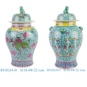 RYZG34-H-I Antique Chinoiserie Multicolor Green-Ground Porcelain Temple Jar with Kylin Flower Motifs