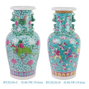 RYZG36-C-D Antique Chinoiserie Famille Rose Green-Ground Vase with Peach Boy Kylin Motifs Deer-Ear Handles