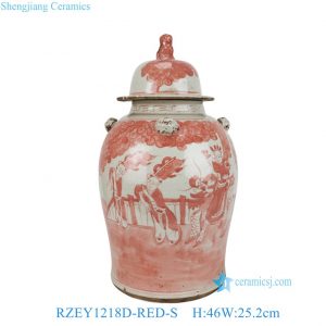 RZEY1218D-RED-S Jingdezhen Antique Underglazed Red White Kylin and Figures Desgin Porcelain Temple Jar for Home Decor