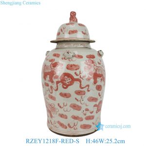 RZEY1218F-RED-S Antique Asian Underglazed Red White Lion Pattern Porcelain Temple Jar with Cover for Home Decor Hotel
