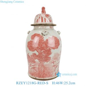 RZEY1218G-RED-S Antiquing Asian Pine Blossom Bamboo Pattern Porcelain Temple Jar with Cover for Home Decor Hotel