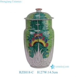 RZIH18-C Vintage Hand-Painted Chinese Butterfly Cabbage Jar Pastel Green Porcelain Lid Jar Botanical Decorative Vase