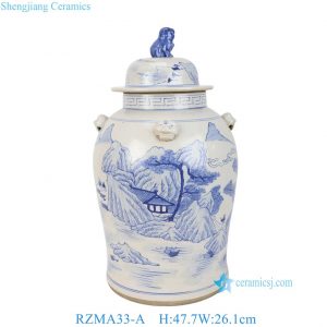 RZMA33-A Beautiful Archaistic Blue and White Landscape Motif Lion-head Porcelain Temple Jar for Home Decor Hotel