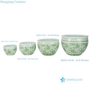 RZNV17-D Green Entwined Lotus Motif Round Ceramic Planter Jade Porcelain Flower Pots