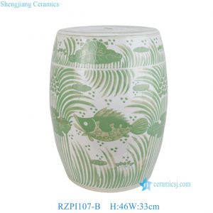 RZPI107-B Green Ceramic Garden Stool with Fish Algae Pattern Drum Seat Accent Table for Patio Porch Living Room Decor