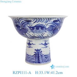 RZPI111-A Jingdezhen Blue and White Fish Scale Pattern Ceramic High Foot Bowl Planter