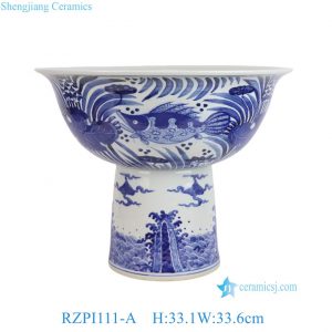 RZPI111-A Jingdezhen Blue and White Fish Scale Pattern Ceramic High Foot Bowl Planter