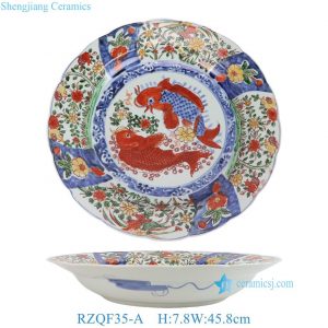 RZQF35-A Vintage Imari Style Porcelain Plate with Blue Fish and Floral Design for Wall or Table Display