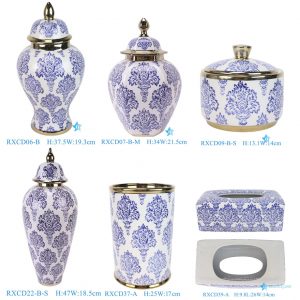 RXCD06-07-09-22-37-39 Small-sized Gilded Temple Jar Pen Holder with Blue-and-White Floral Patterns