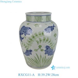 RXCG11-A Green and White Jingdezhen Hand painted Fish Sea Grass Pattern Ceramic Pot Decorative Vase