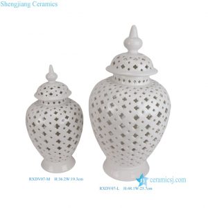 RXDV07 Elegant White Hollow Ceramic Ginger Jar Modern Decorative Lidded Temple Jar for Home Decor