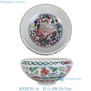 RXEC01-A Ming Dynasty Antique Style Porcelain Bowl with Multicolored Lion Pattern Art Ceramic Bowl