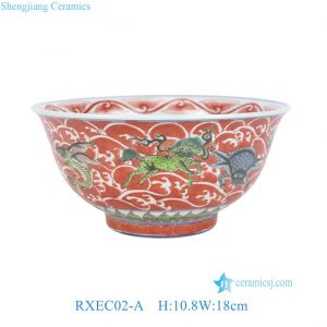 RXEC02-A 7 Inch Chinese Porcelain Bowl Hand Painted Sea Beast Wave Motif Wucai Wares