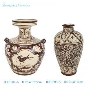 RXEP01-A / RXEP03-A Antique Style Brown and White Flower Pattern Ceramic Flower Plum Vase