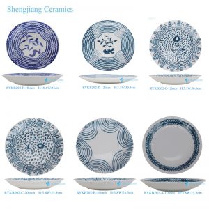 RYKB202-A-10inch/12inch/18inch Blue and White Flower Dot Line Pattern Ceramic Big Plate Dinnerwares