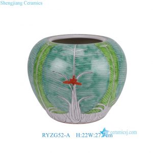 RYZG52-A Green Bok Choy Cabbage Pattern Pink Butterfly Ceramic Flower Pot Vase