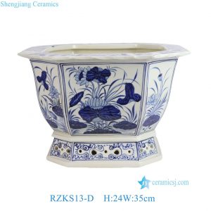 RZKS13-D Blue White Hand Painted Windowed Lotus Pattern Porcelain Octagonal Flower Pots