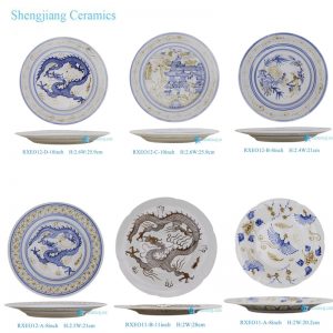 RXEO-6inch-8inch-10inch-12inch Blue and White Handpainted Crane Dragon Flower Pattern Ceramic Dinnerwares Charger Salad Plate Bowls set