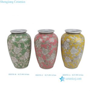 RXET01-ABC/RXET05-ABC  Red green yellow purple background white flower leaf pattern winter melon bottle Ceramic Flower Vase