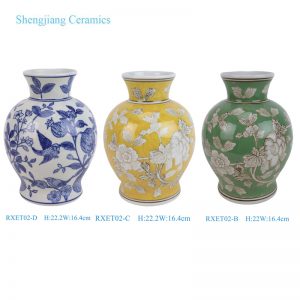 RXET02-A-B-C-D Orange Green Yellow background white flower leaf pattern lotus bottle Tabletop Ceramic Flower Vase