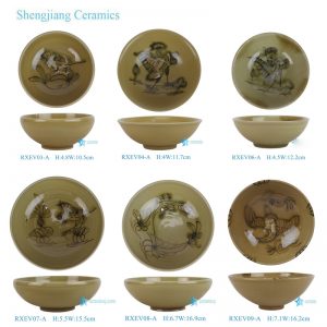 RXEV03/4/5/6/7-A Antique Yellow Glazed hand painted Bird Crane Flower Pattern 4inch Ceramic Bowl