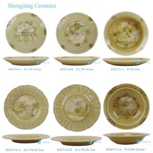 RXEV10-A-B RXEV11-A 6inch/8inch Ceramic Flower shape Plate Antique Yellow Glazed hand painted Crane Flower Bird Pattern