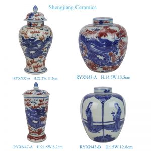 RYXN32-A/RYXN43-A/RYXN43-B/RYXN47-A  Blue and White Red color Dragon Pattern Round shape Flat lidded Jar Straight Tube Jar