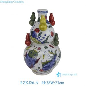 RZKJ26-A Blue and White Porcelain Fish Pattern Hand painted Gourd Shape Ceramic Flower Vase Vase with Colored gourd