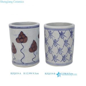 RZQJ19-A-B Red and White words longevity Lotus Flower Pattern Tabletop Ceramic Small Vase Pen Holder