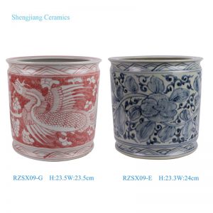 RZSX09-E / RZSX09-G Blue and White Flower Pattern Red phoenix Fenghuang Motif Ceramic Pen Holder Table Flower Vase