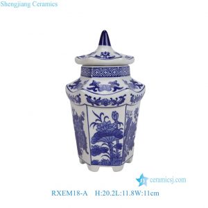 RXEM18-A Blue and white Seasonal Lotus floral Pattern Hexagonal High Footed Porcelain General Jar Ceramic Pot