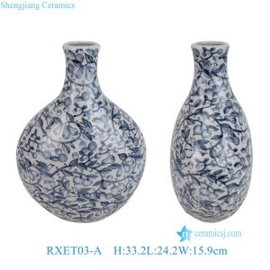 RXET03-A Blue and white flower bird flat belly shape Ceramic  Decorative Flower Vase