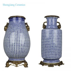 RYTM102-A / RYTM106-A Blue and White Chinese longevity Ceramic Decorative Vase with Brass Handles and base