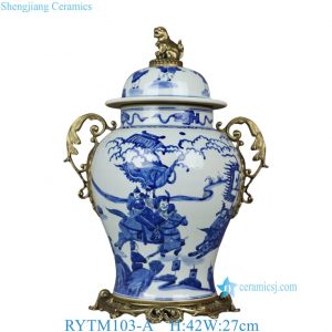 Qing Kangxi Blue White Inlaid Copper Figure Pattern General Jar for Villa Home Decor