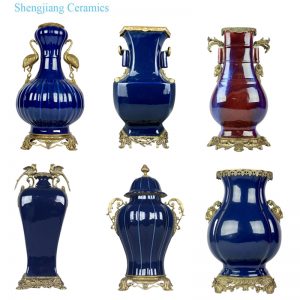 RYTM Altar Blue Glazed Solid color With Antique Brass Base handles Ceramic Decorative Flower Vase Decoration
