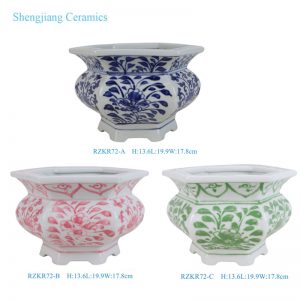 RZKR72-A-B-C Jingdezhen Green Pink Blue and White Twisted Flower Green Print  Ceramic Planter Container HEXAGONAL Flower Pot