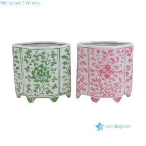 RZKR73-A-B  Green Pink and White Twisted Flower Pattern Oval Shape Ceramic Planter Flower Container