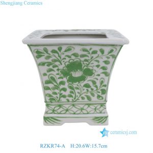 RZKR74-A Square Shape Green and White Flower Pattern Chinoiserie Small Size Ceramic Indoor Planter