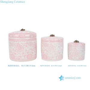 RZNV50-D-S-M-L Chinoiserie Cylinder Pink and White Plant Vine Pattern Ceramic Jar with lid