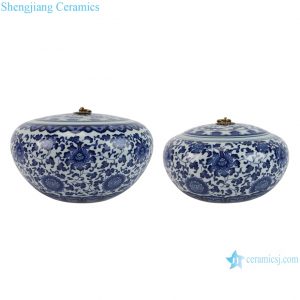 RZNV53-A-L-S Blue and White Round Classic Style Flower Pattern Large Mouth Ceramic Jar Candy Pot with Lid