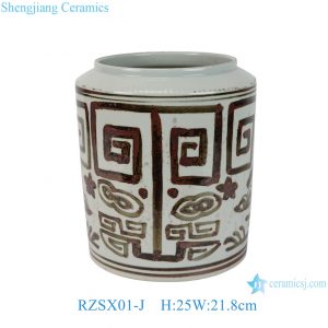 RZSX01-J Antique Rust Red Porcelain Brush Pot with Greek Key Pattern Elegant Home Decorative Planter