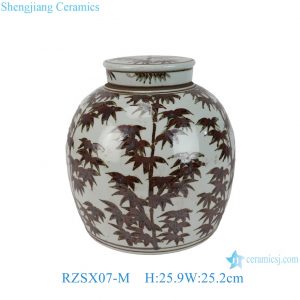 RZSX07-M Brown and White Hand Painted Bamboo Fengshui Pattern Ceramic Flat Jar Lidded Pot