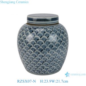 RZSX07-N Blue And White Porcelain Jar With Fish Scale Pattern Ceramic Flat Lidded Jar Pot