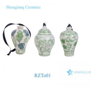 RZTo01 Green and White Porcelain Chinoiserie Ginger Jar Ornaments