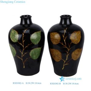 RXEO02-A-B Vintage Song Dynasty Jizhou Ware Black Ground Leaf Motif Meiping Porcelain Vase
