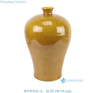 RYWN41-A  Vintage Ming Dynasty Yellow Glaze Carved Dragon Pattern Meiping Ceramic Vase for Collections Home Decor