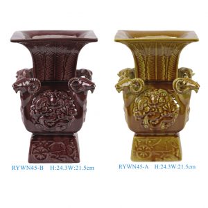 RYWN45-A-B Vintage Old Surface Fuchsia Glaze Carved Four-Sheep-Decorated Square Zun Porcelain Ornaments