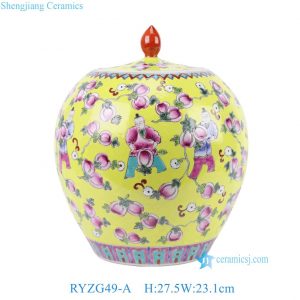RYZG49-A Famille Rose Porcelain Yellow-Ground Playing Children and Peach Longevity Motifs Melon-Shaped Jar